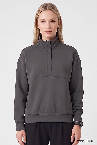 Tommylife Toptan Koyu Gri Dik Yaka Fermuarlı Rahat Form Kadın Sweatshirt - 97314