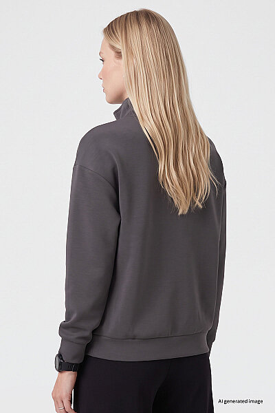 Tommylife Toptan Koyu Gri Dik Yaka Fermuarlı Rahat Form Kadın Sweatshirt - 97314 - 5