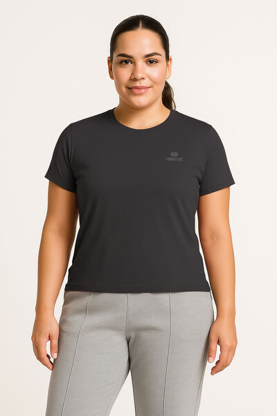 Tommylife Toptan Koyu Gri O Yaka Basic Battal Büyük Beden Kadın T-Shirt - 97308 - Thumbnail