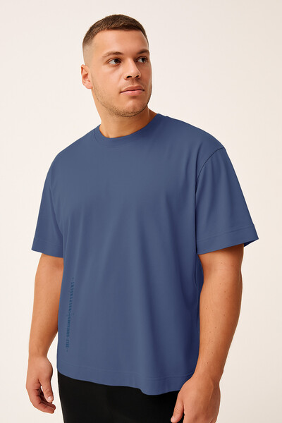 Tommylife Toptan Koyu Mavi Baskılı O Yaka Rahat Form Battal Büyük Beden Erkek T-Shirt - 88472 - Thumbnail
