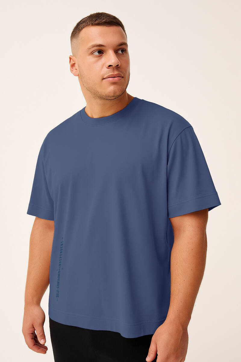TOMMYLIFE - Tommylife Toptan Koyu Mavi Baskılı O Yaka Rahat Form Battal Büyük Beden Erkek T-Shirt - 88472