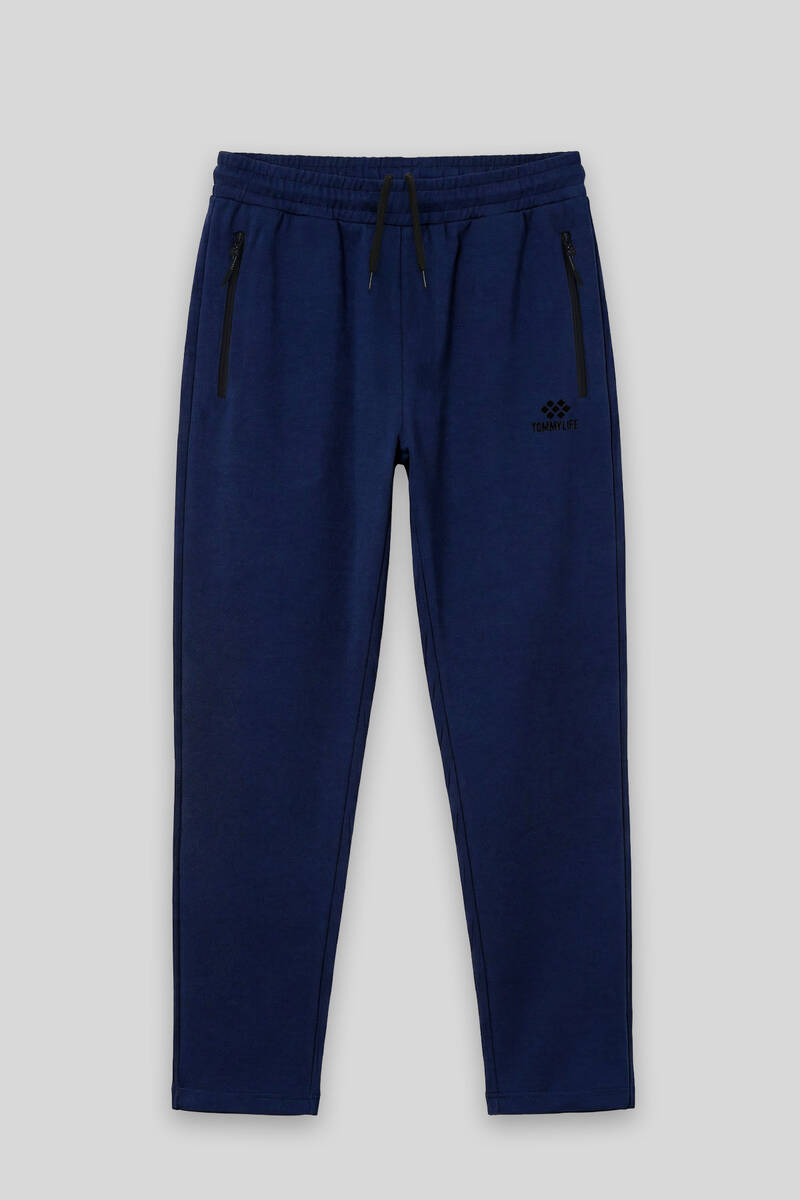 TOMMYLIFE - Tommylife Toptan Lacivert Basic Belden Bağcıklı Klasik Paça Erkek Büyük Beden Eşofman Alt - 84844