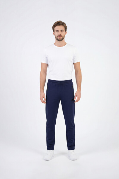 TOMMYLIFE - Tommylife Toptan Lacivert Basic Fermuar Cepli Klasik Paça Büyük Beden Erkek Eşofman Alt - 84508