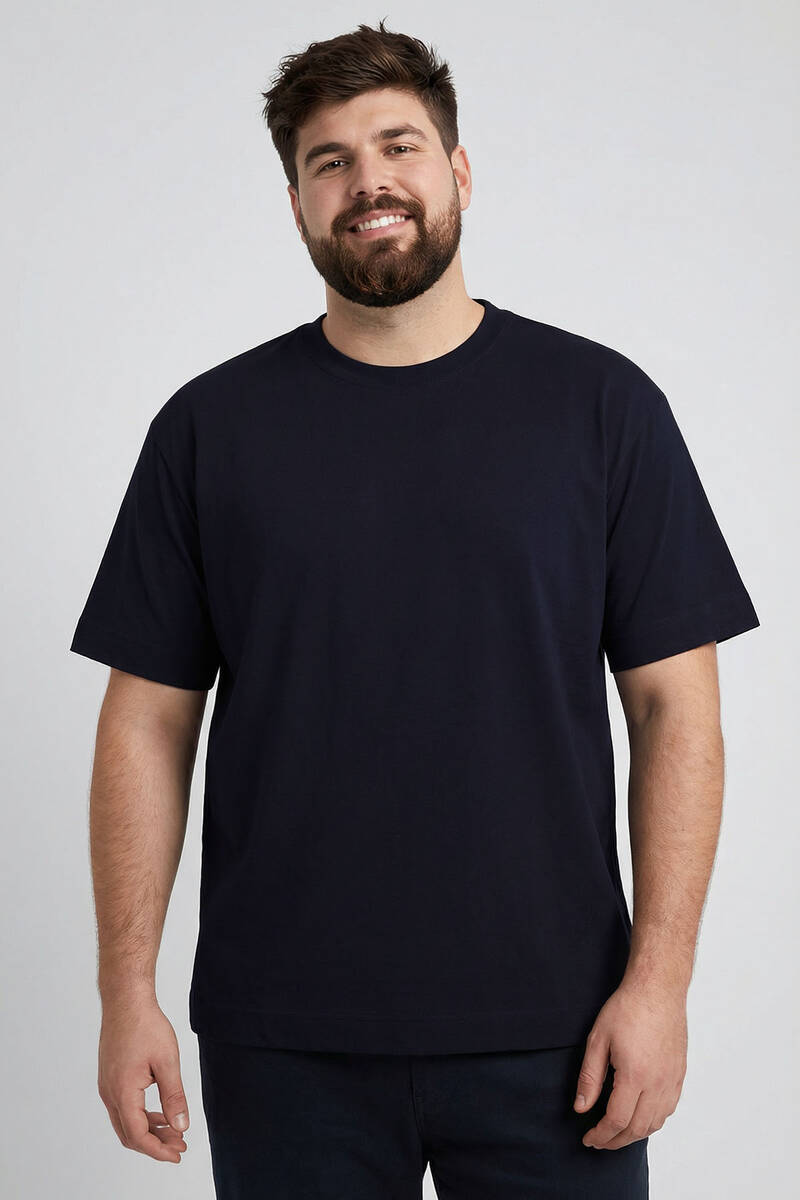 TOMMYLIFE - Tommylife Toptan Lacivert Basic Kısa Kol O Yaka Büyük Beden Erkek T-Shirt - 88072