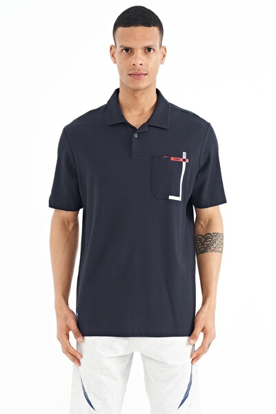 Tommylife Toptan Lacivert Cep Detaylı Baskılı Standart Kalıp Polo Yaka Erkek T-Shirt - 88241 - Thumbnail