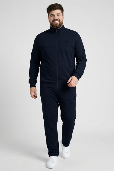TOMMYLIFE - Tommylife Toptan Lacivert Dik Yaka Klasik Paça Büyük Beden Erkek Eşofman Takım - 85176