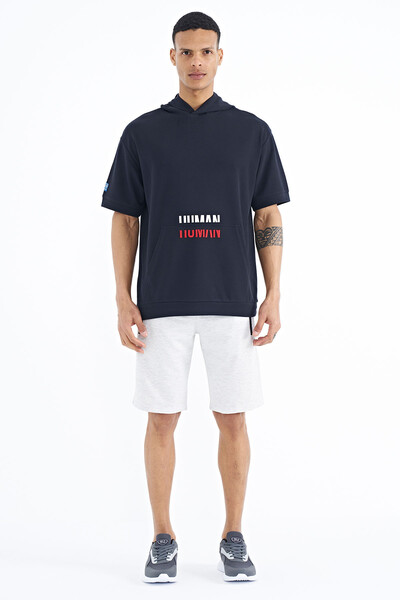 Tommylife Toptan Lacivert Kanguru Cepli Yazı Nakışlı Kapüşonlu Erkek T-Shirt - 88195 - Thumbnail