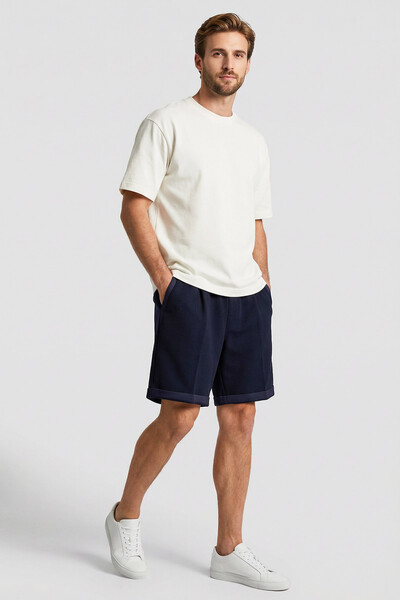 TOMMYLIFE - Tommylife Toptan Lacivert Oversize Fit Basic Kemer Detaylı Erkek Şort - 81285