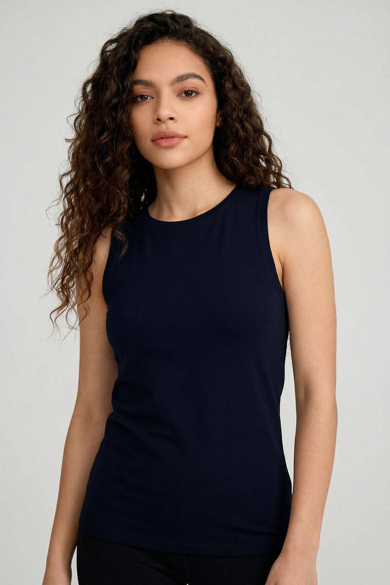 TOMMYLIFE - Tommylife Toptan Lacivert Slim Fit Basic O Yaka Sıfır Kol Kadın Atlet - 97313