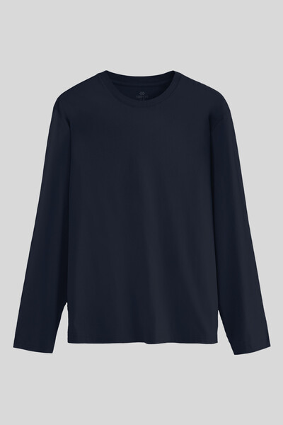 TOMMYLIFE - Tommylife Toptan Lacivert Standart Fit Basic O Yaka Uzun Kollu İnce Erkek T-Shirt - 87997
