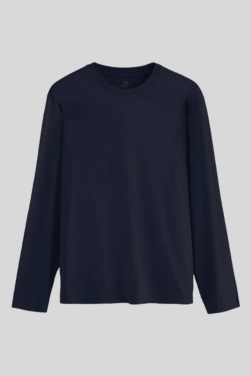 TOMMYLIFE - Tommylife Toptan Lacivert Standart Fit Basic O Yaka Uzun Kollu İnce Erkek T-Shirt - 87997
