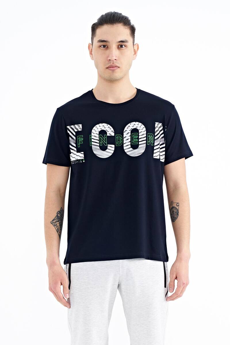 TOMMYLIFE - Tommylife Toptan Lacivert Yazı Baskı Detaylı O Yaka Standart Kalıp Erkek T-Shirt - 88187