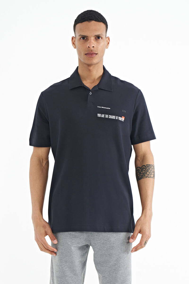 TOMMYLIFE - Tommylife Toptan Lacivert Yazı Baskılı Standart Form Polo Yaka Erkek T-Shirt - 88236
