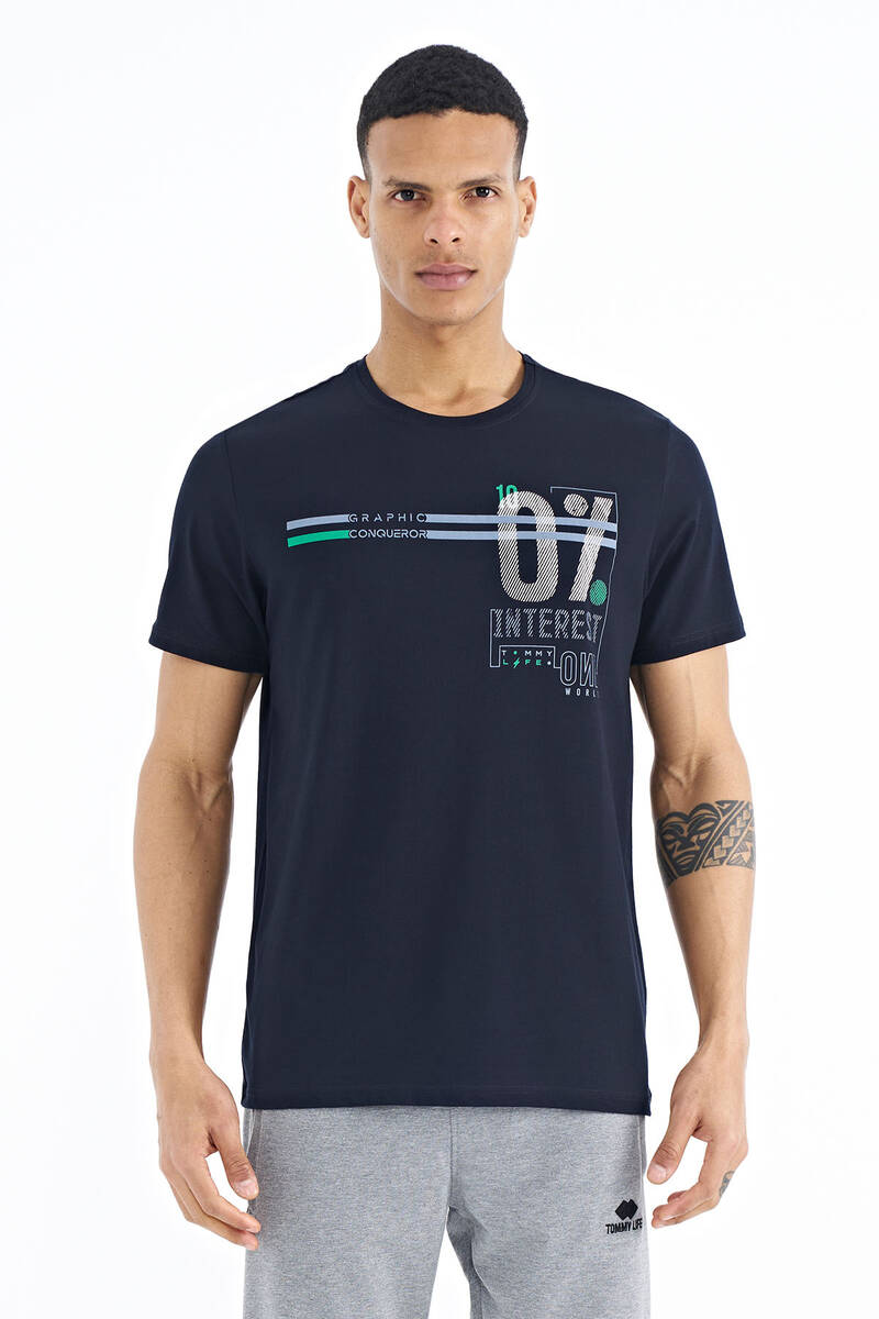 TOMMYLIFE - Tommylife Toptan Lacivert Yazı Baskılı Standart Kalıp O Yaka Erkek T-Shirt - 88189