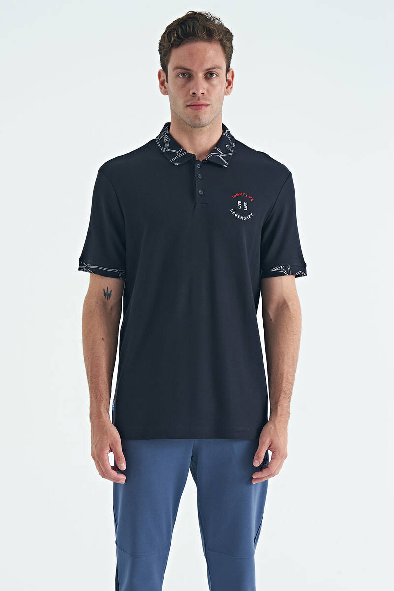 TOMMYLIFE - Tommylife Toptan Lacivert Yazı Nakışlı Baskı Detaylı Standart Kalıp Polo Yaka Erkek T-Shirt - 88239