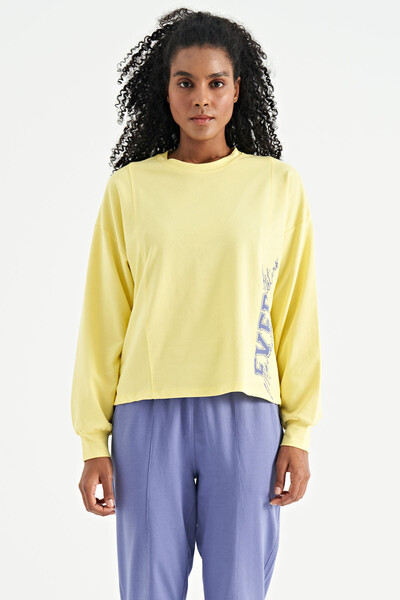 Tommylife Toptan Limon Nakış Detaylı Balon Kol Crop Basic Kadın Sweatshirt - 02118 - Thumbnail