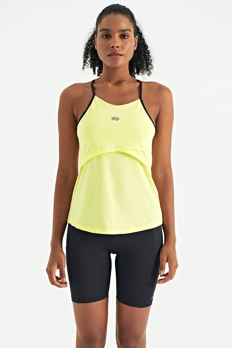 TOMMYLIFE - Tommylife Toptan Limon Sırt Çarpraz Askı Detaylı Standart Kalıp Kadın Spor Atlet - 97261