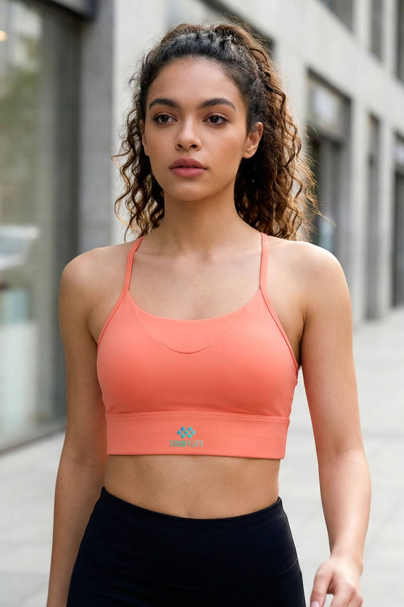 TOMMYLIFE - Tommylife Toptan Mercan Standart Fit Baskılı Sırt Detaylı Kadın Spor Büstiyer - 97300