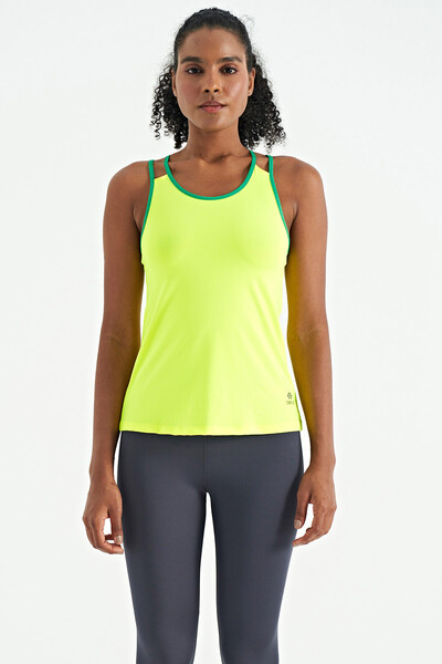 Tommylife Toptan Neon Sarı Çift Askılı Sırt Detaylı Standart Kalıp Kadın Spor Atlet - 97258 - Thumbnail