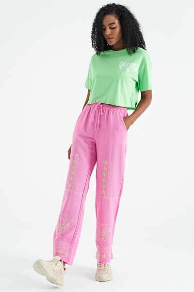 Tommylife Toptan Neon Yeşil Baskılı Düşük Kol Detaylı Oversize Kadın Crop T-Shirt - 02179 - Thumbnail