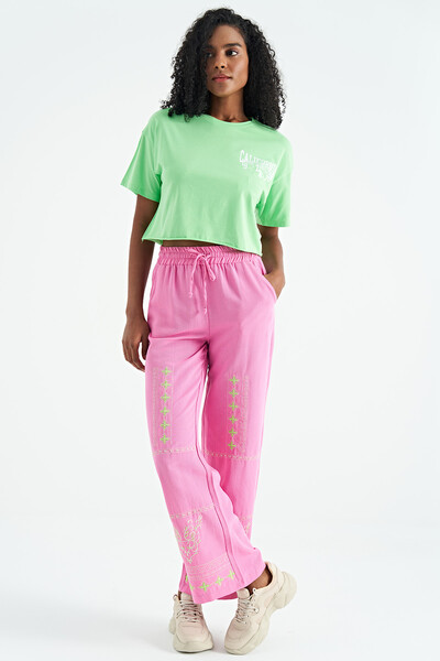 Tommylife Toptan Neon Yeşil Baskılı Düşük Kol Detaylı Oversize Kadın Crop T-Shirt - 02179 - Thumbnail