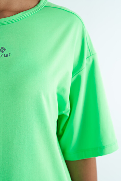 Tommylife Toptan Neon Yeşil O Yaka Baskı Detaylı Oversize Kısa Kol Kadın T-Shirt - 97263 - Thumbnail