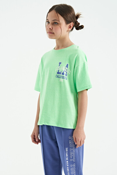 Tommylife Toptan Neon Yeşil Ön Arka Baskılı O Yaka Oversize Kısa Kollu Kız Çocuk T-Shirt - 75127 - Thumbnail