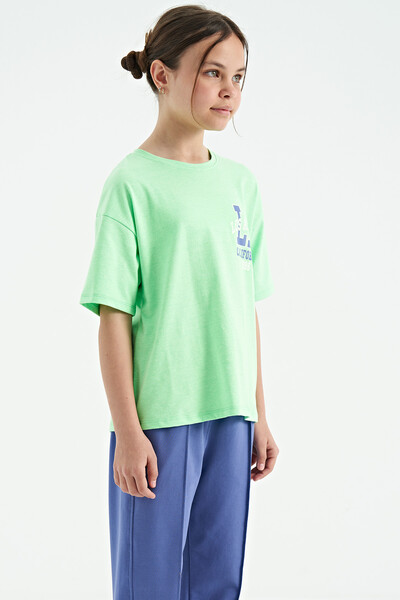 Tommylife Toptan Neon Yeşil Ön Arka Baskılı O Yaka Oversize Kısa Kollu Kız Çocuk T-Shirt - 75127 - Thumbnail