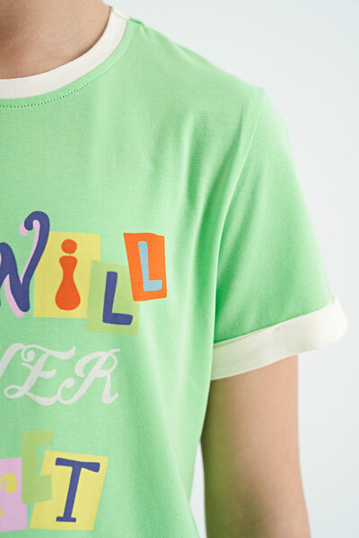 Tommylife Toptan Neon Yeşil Renkli Yazı Detaylı O Yaka Rahat Form Kız Çocuk T-Shirt - 75109 - Thumbnail