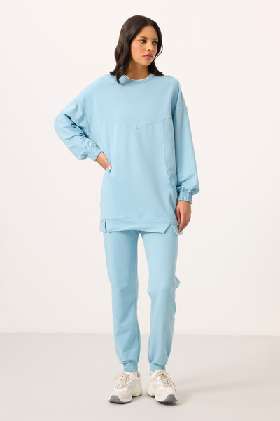Tommylife Toptan O Yaka Basic Oversize Kadın Eşofman Tunik Takım - 95347 Açık Mavi - Thumbnail