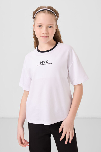 Tommylife Toptan O Yaka Baskılı Geniş Paça Standart Fit Kız Çocuk Palazzo Eşofman Takım 75171 Beyaz Siyah - Thumbnail