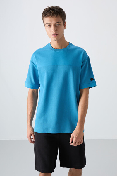 Tommylife Toptan O Yaka Oversize Basic Erkek T-Shirt 88340 Petrol Mavi - Thumbnail