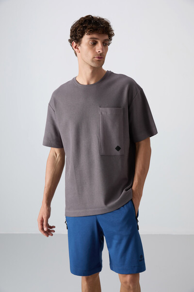 Tommylife Toptan O Yaka Oversize Basic Erkek T-Shirt 88341 Koyu Gri - Thumbnail