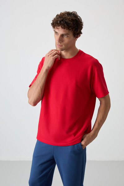 Tommylife Toptan O Yaka Oversize Basic Erkek T-Shirt 88379 Kırmızı - Thumbnail