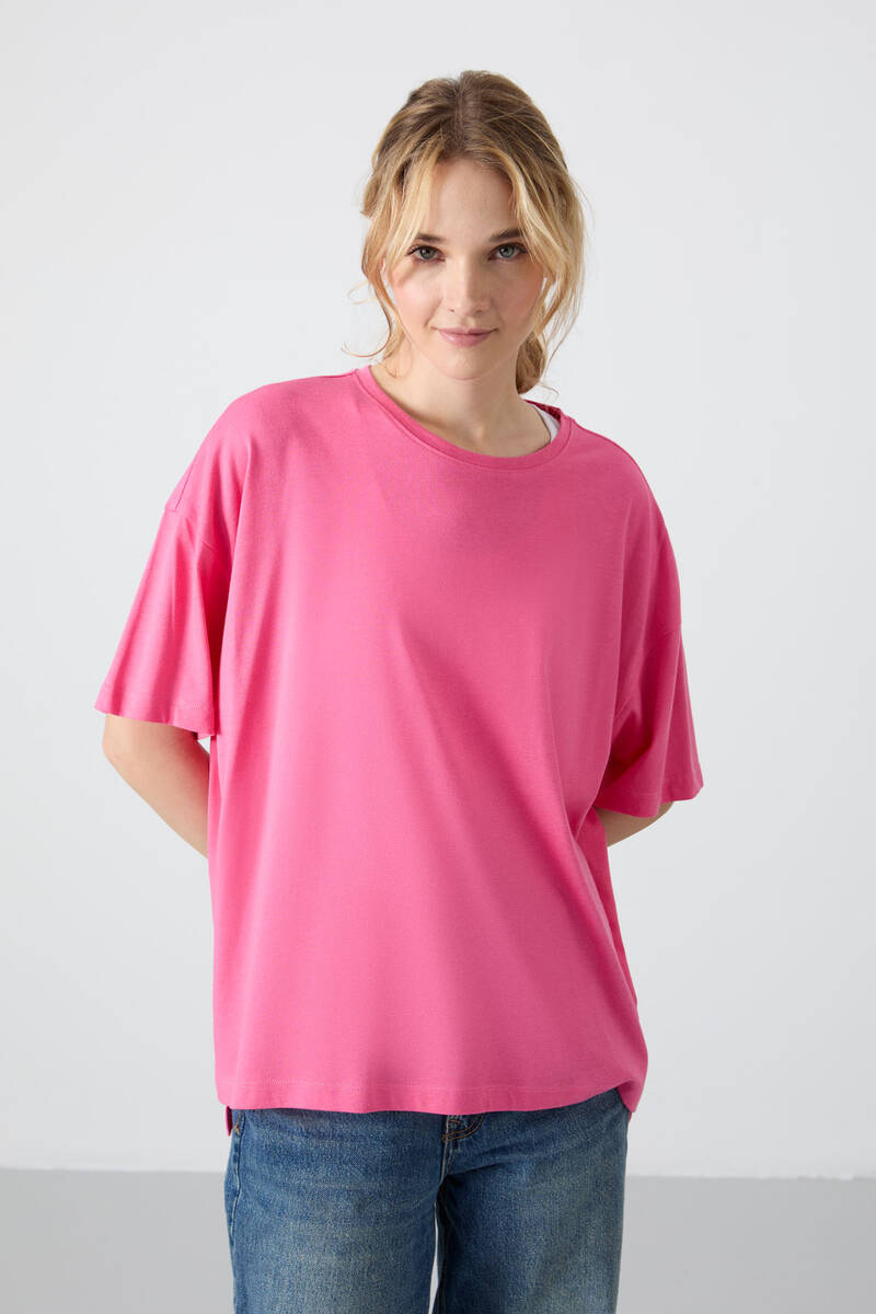 TommyLife - Tommylife Toptan O Yaka Oversize Basic Kadın T-Shirt 97285 Rose
