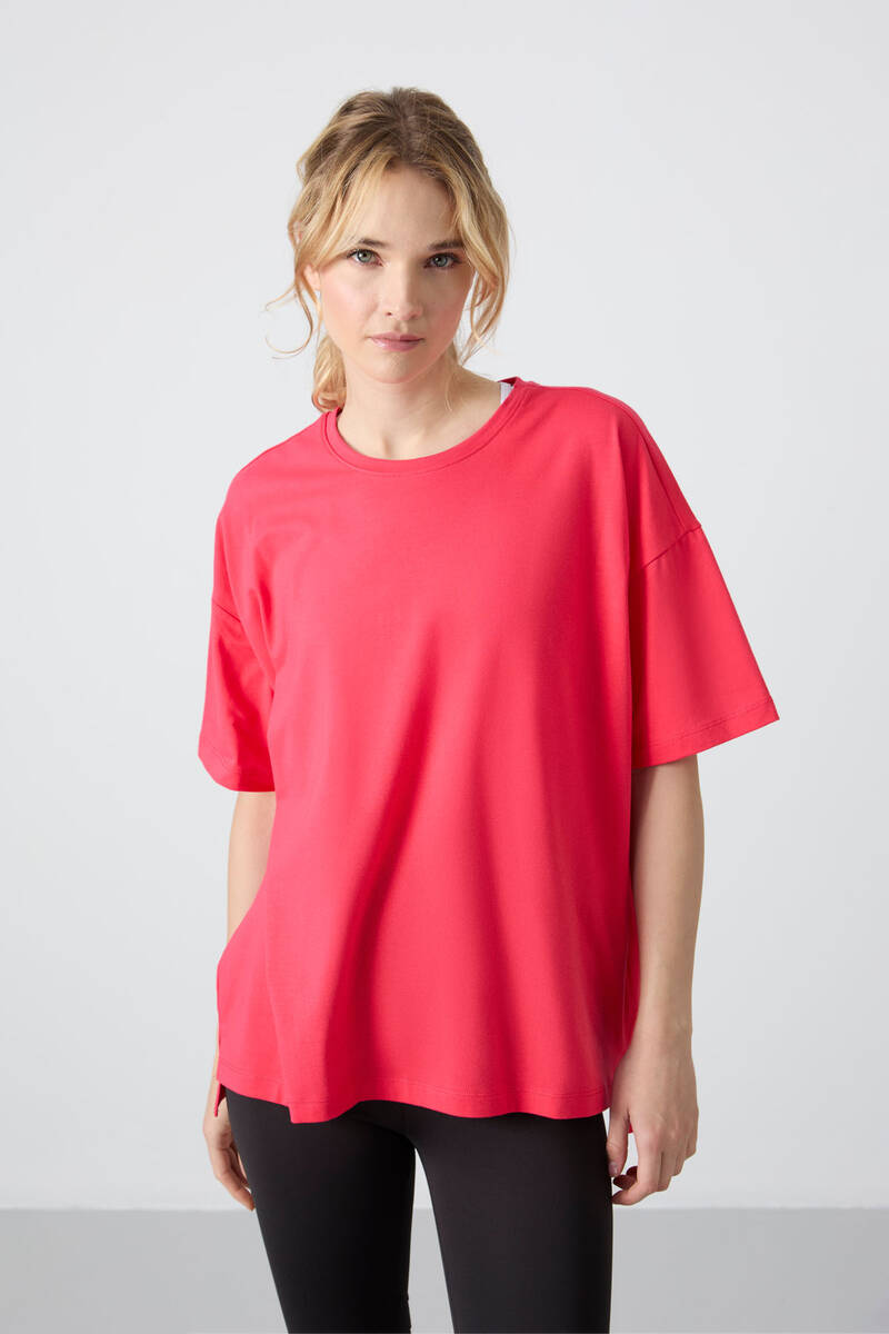 TommyLife - Tommylife Toptan O Yaka Oversize Basic Kadın T-Shirt 97285 Şeker Pembe