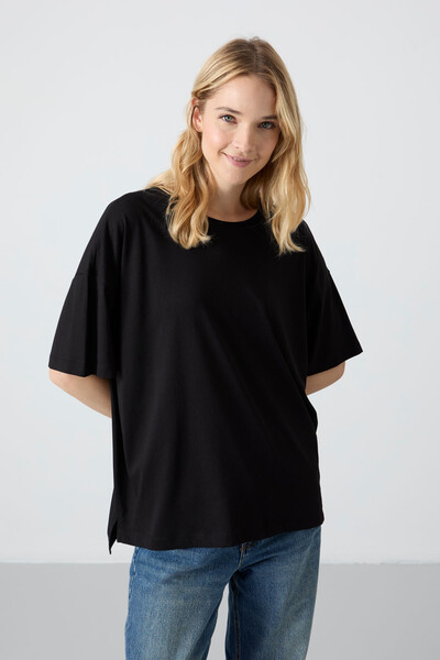 Tommylife Toptan O Yaka Oversize Basic Kadın T-Shirt 97285 Siyah - Thumbnail