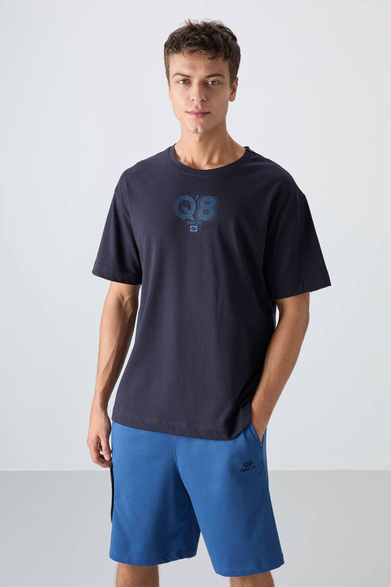 TOMMYLIFE - Tommylife Toptan O Yaka Oversize Baskılı Erkek T-Shirt 88333 Lacivert