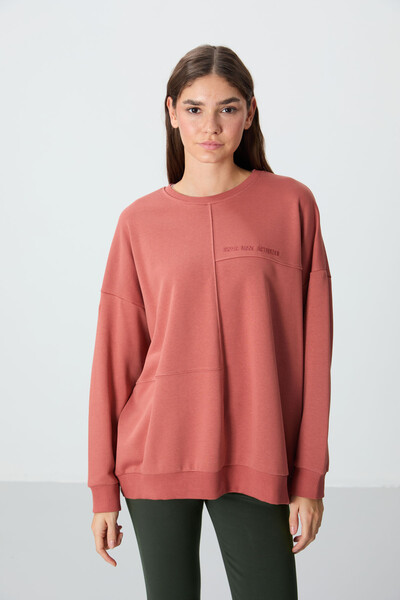 Tommylife Toptan O Yaka Oversize Kadın Sweatshirt 97288 Kiremit - Thumbnail