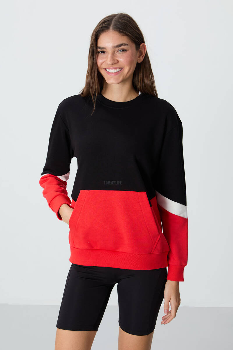 TommyLife - Tommylife Toptan O Yaka Oversize Kadın Sweatshirt 97289 Siyah