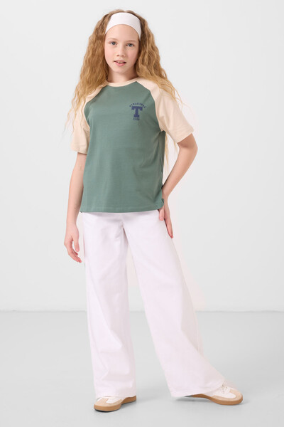 Tommylife Toptan O Yaka Pamuklu Baskılı Oversize Fit Kız Çocuk T Shirt 75179 Açık Yeşil - Thumbnail