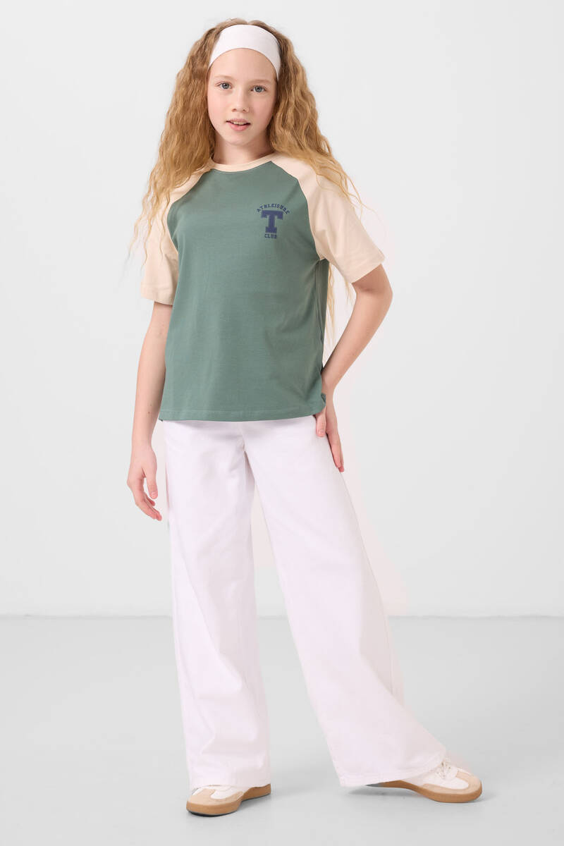 TOMMYLIFE - Tommylife Toptan O Yaka Pamuklu Baskılı Oversize Fit Kız Çocuk T Shirt 75179 Açık Yeşil