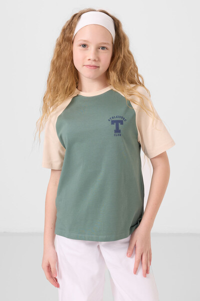 Tommylife Toptan O Yaka Pamuklu Baskılı Oversize Fit Kız Çocuk T Shirt 75179 Açık Yeşil - Thumbnail