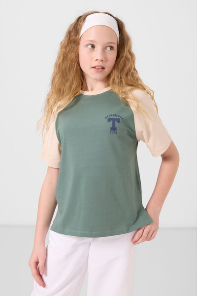 Tommylife Toptan O Yaka Pamuklu Baskılı Oversize Fit Kız Çocuk T Shirt 75179 Açık Yeşil - Thumbnail