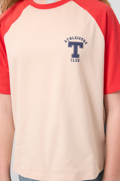 Tommylife Toptan O Yaka Pamuklu Baskılı Oversize Fit Kız Çocuk T Shirt 75179 Bej - Thumbnail