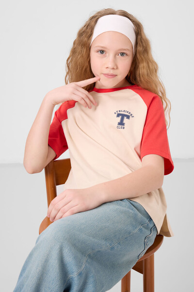 Tommylife Toptan O Yaka Pamuklu Baskılı Oversize Fit Kız Çocuk T Shirt 75179 Bej - Thumbnail