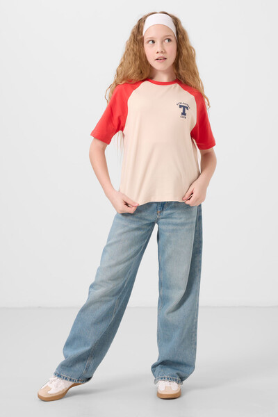 Tommylife Toptan O Yaka Pamuklu Baskılı Oversize Fit Kız Çocuk T Shirt 75179 Bej - Thumbnail