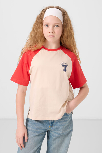 Tommylife Toptan O Yaka Pamuklu Baskılı Oversize Fit Kız Çocuk T Shirt 75179 Bej - Thumbnail