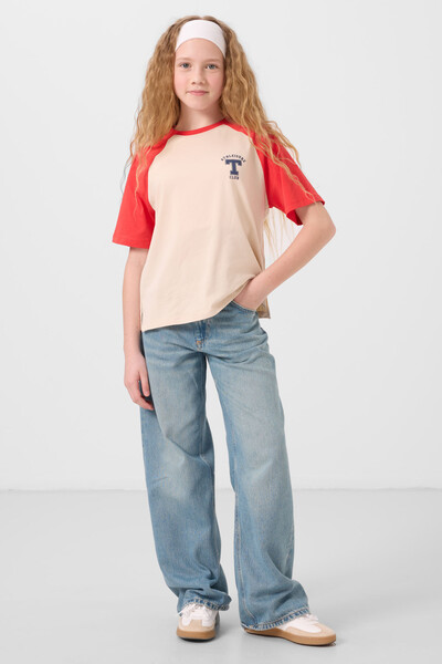 Tommylife Toptan O Yaka Pamuklu Baskılı Oversize Fit Kız Çocuk T Shirt 75179 Bej - Thumbnail