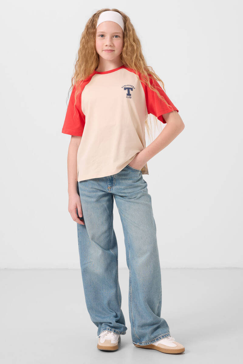 TOMMYLIFE - Tommylife Toptan O Yaka Pamuklu Baskılı Oversize Fit Kız Çocuk T Shirt 75179 Bej
